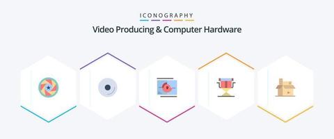 video producerar och dator hårdvara 25 platt ikon packa Inklusive vikbar. direktör. video. stol. öppning vektor