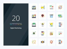 20 flaches Farbsymbol für digitales Marketing zur Präsentation vektor