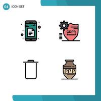 bearbeitbares Vektorlinienpaket mit 4 einfachen gefüllten flachen Farben von Daten Instagram App Schutz Müll bearbeitbare Vektordesign-Elemente vektor