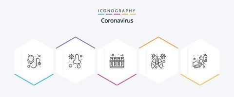 Coronavirus 25-Zeilen-Icon-Pack mit Händen. Alkohol. Labortest. Lunge. infiziert vektor