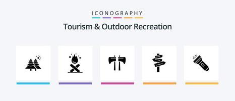 turism och utomhus- rekreation glyf 5 ikon packa Inklusive ljus. rum. yxa. motell. riktning. kreativ ikoner design vektor