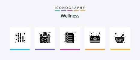 Wellness Glyph 5 Icon Pack inklusive Kräuterschale. Schüssel. Auschecken. Bausatz. Notfall. kreatives Symboldesign vektor