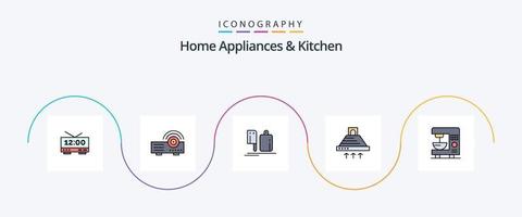Hem apparater och kök linje fylld platt 5 ikon packa Inklusive rök. kök. chopper. matlagning. mat vektor