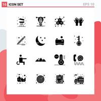 Stock Vector Icon Pack mit 16 Zeilen Zeichen und Symbolen für Schulmaterial Salat Chemiker Religion beten editierbare Vektordesign-Elemente