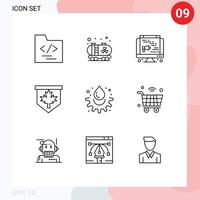 Stock Vector Icon Pack mit 9 Zeilenzeichen und Symbolen für Cart Drop Web Water Sign editierbare Vektordesign-Elemente