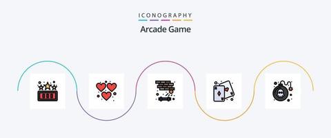 Arcade-Linie gefüllt Flat 5 Icon Pack inklusive Gefahr. abspielen. Ziegel. Spiel. Karten vektor