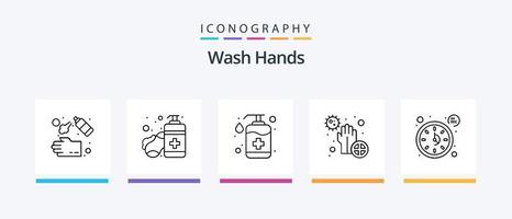 Hände waschen Linie 5 Icon Pack inklusive Hände schützen. Timer. Händehygiene. Zeit. Uhr. kreatives Symboldesign vektor
