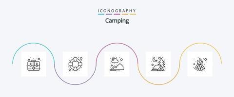 Camping Line 5 Icon Pack inklusive . Feuer. Berg. Lagerfeuer. Lager vektor