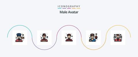 männliche Avatar-Linie gefülltes flaches 5-Icon-Paket einschließlich Programmierer. Spiel. erkennen. Fußball p. Arbeiter vektor