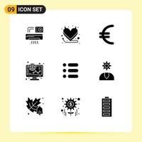 solides Glyphenpaket mit 9 universellen Symbolen der Textliste Euro-Einkaufsgrafik editierbare Vektordesign-Elemente vektor