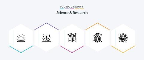 Wissenschaft 25-Zeilen-Icon-Pack einschließlich Molekül. Rohr. Experiment. Ausrüstung. Zahn vektor