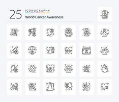 World Cancer Awareness 25-Zeilen-Icon-Pack einschließlich Pillen. Flasche. Gehirnerkrankung. medizinisch. Krankenhaus vektor
