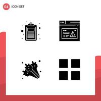 Mobile Schnittstelle solider Glyph-Satz von 4 Piktogrammen von Check-Alert-Listenseiten-Lebensmittel-editierbaren Vektordesign-Elementen vektor