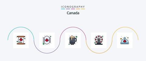 kanada linje fylld platt 5 ikon packa Inklusive keps. hjul. öl. parkera. kanada vektor