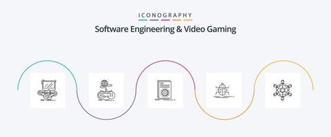 programvara teknik och video gaming linje 5 ikon packa Inklusive spel. samarbete. löpning. virus. insekt vektor