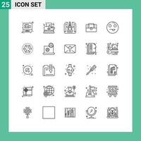 Stock Vector Icon Pack mit 25 Zeilenzeichen und Symbolen für glückliche Emojis Blaupause Handtasche Koffer editierbare Vektordesign-Elemente