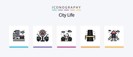stad liv linje fylld 5 ikon packa Inklusive . sopor. lastbil. liv. stirra. kreativ ikoner design vektor