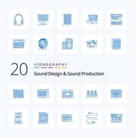 20 Sounddesign und Soundproduktion blaues Symbolpaket wie Frequenzbandröhrenlampe vektor