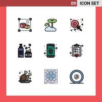 Gruppe von 9 modernen Filledline-Flachfarben für mobile App-Süßigkeiten, Hautpflegeschaum, editierbare Vektordesign-Elemente vektor