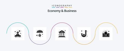ekonomi och företag glyf 5 ikon packa Inklusive inköp. bearbeta. Bank. pengar. dollar vektor