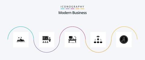 Modern Business Glyph 5 Icon Pack inklusive Schreibtisch. Unternehmen. Analytik. Arbeitsplatz. Menschen vektor