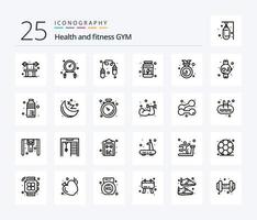 Gym 25 Line Icon Pack inklusive Uhr. Fitnessstudio. Proteine. Medaille. Abzeichen vektor