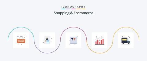 Shopping und E-Commerce Flat 5 Icon Pack inklusive Paket kostenlos. Lieferwagen. Paket. Statistiken. Prüfbericht vektor