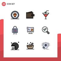 Aktienvektor-Icon-Pack mit 9 Zeilenzeichen und Symbolen für bearbeitbare Vektordesign-Elemente für Cyber-Restaurants mit sicheren Sperren vektor