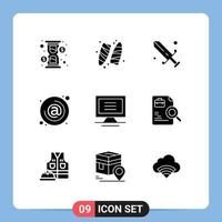 Stock Vector Icon Pack mit 9 Zeilenzeichen und Symbolen für die Kontaktadresse des Monitor-E-Mail-Wettbewerbs editierbare Vektordesign-Elemente