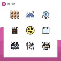 moderner Satz von 9 flachen Farben und Symbolen mit gefüllten Linien wie Kalender-Emot-Idee Emojis Tischler editierbare Vektordesign-Elemente vektor