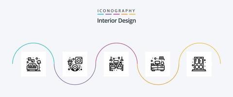 interiör design linje 5 ikon packa Inklusive hus. dörr. kontor. tv. lådor vektor