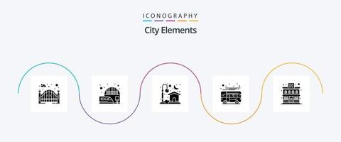 City Elements Glyph 5 Icon Pack inklusive Wohnung. lokal. Heimat. Trainer. Autobus vektor