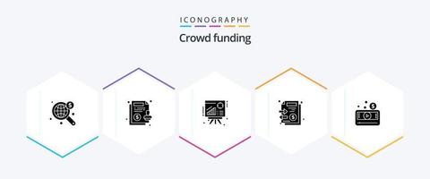 Crowdfunding-Paket mit 25 Glyphen-Symbolen einschließlich Medien. Geld. Graph. Stapel. Unterlagen vektor