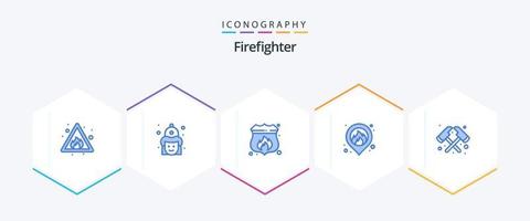 Feuerwehrmann 25 blaues Icon Pack inklusive Feuer. Karte. Hut. Lage. Feuer vektor