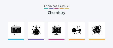 Chemie Glyphe 5 Icon Pack inklusive Biogefährdung. Labor. Online-Experiment. Molekül. Atome. kreatives Symboldesign vektor