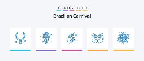 Brasilianischer Karneval blau 5 Icon Pack mit Blumen. Blume. Rakete. Schnurrbart. Karneval. kreatives Symboldesign vektor