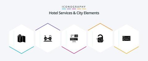 Hotelservices und Stadtelemente 25 Glyphen-Symbolpaket einschließlich Sicherheit. Zeichen. Luft. Hotel . Schild vektor