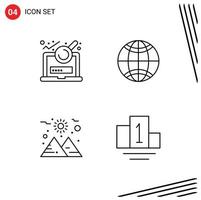 Stock Vector Icon Pack mit 4 Zeilen Zeichen und Symbolen für die Analyse Sonne Login World Sport editierbare Vektordesign-Elemente