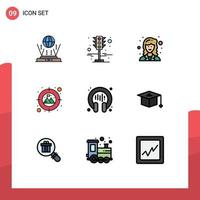 Stock Vector Icon Pack mit 9 Zeilen Zeichen und Symbolen für die Kopfhörerkommunikation akademischer Zielfokus editierbare Vektordesign-Elemente