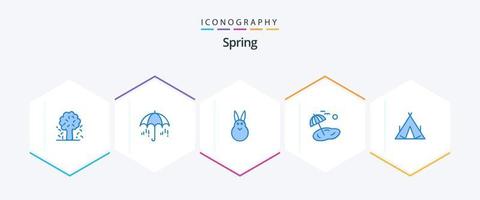 vår 25 blå ikon packa Inklusive läger. träd. vår. handflatan. kanin vektor