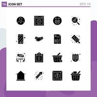 Solides Glyphenpaket mit 16 universellen Symbolen für Telefon, Handy, Emojis, Süßigkeiten, Lutscher, editierbare Vektordesign-Elemente vektor