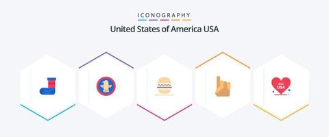 USA 25 Flat Icon Pack inklusive Liebe. amerikanisch. Burger. Vereinigte Staaten von Amerika. Schaumhand vektor