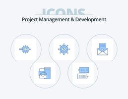 Projektmanagement und Entwicklung blaues Icon Pack 5 Icon Design. Liste. Budget. Gespräche. Produktion. Entwicklung vektor