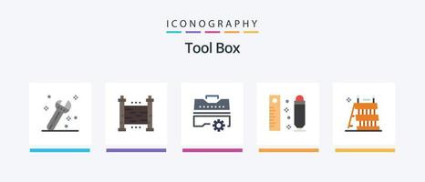 Tools Flat 5 Icon Pack inklusive Ausrüstung. Barriere. einstellen. Herrscher. Messung. kreatives Symboldesign vektor