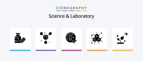 Science Glyph 5 Icon Pack inklusive . Wissenschaft. Lupe. Pflanze, Anlage. Wissenschaft. kreatives Symboldesign vektor