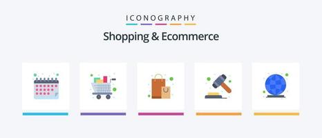 Shopping und E-Commerce Flat 5 Icon Pack inklusive Globus. Handel. Tasche. Richter. Versteigerung. kreatives Symboldesign vektor