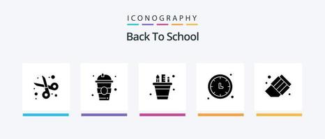 Back to School Glyph 5 Icon Pack inklusive Timer. Zeit. zurück zur Schule. Uhr. Bleistifttopf. kreatives Symboldesign vektor