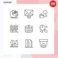 Gliederungspaket mit 9 universellen Symbolen von Datenbenutzer-Cloud-Player-Multimedia-bearbeitbaren Vektordesignelementen vektor
