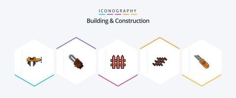 byggnad och konstruktion 25 fylld linje ikon packa Inklusive kniv. blockera. sladdlös. bricka. tegelstenar vektor