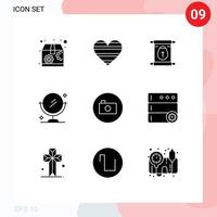 redigerbar vektor linje packa av 9 enkel fast glyfer av media spelare kamera utbildning rena spegel redigerbar vektor design element